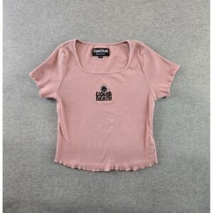 Liquid Death Shirt Womens Medium Dusty Pink Ribbed Cropped Tee Embroidered Sun